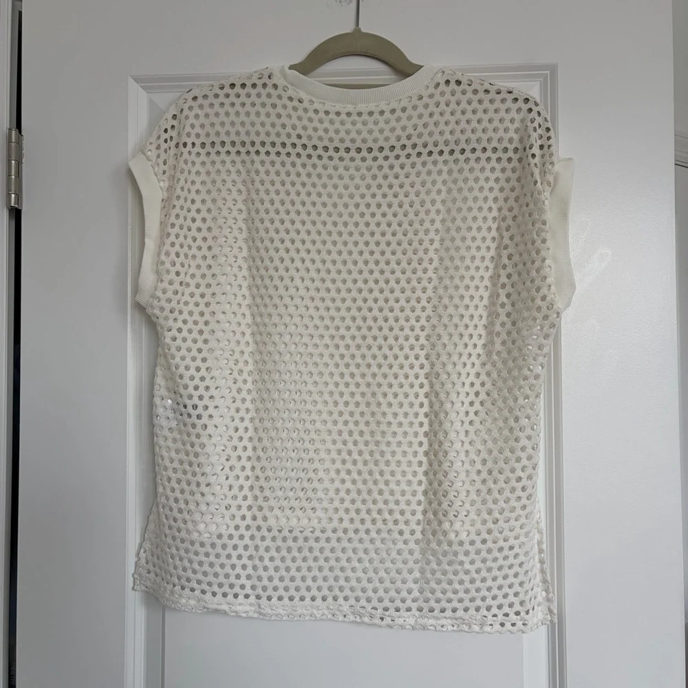 Women's Cream Open-Knit Short Sleeve Top - Picture 2 of 2
